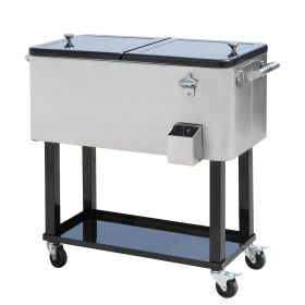80 QT Mobile Cooler Station on Wheels for Outdoor Parties, Elegant Stainless Steel