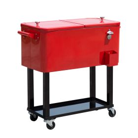80 QT Rolling Cooling Bins Ice Chest on Wheels Outdoor Stand Up Drink Cooler Cart for Party, Red