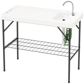 Folding Fish Cleaning Table with Sink, Portable Camping Table with Faucet, Drainage Hose, Sprayer and Shelf, White