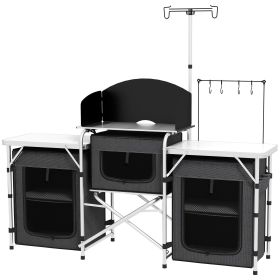 Aluminum Camping Kitchen, Portable Folding Camping Table with Fabric Cupboards, Windshield, Bag for BBQ, Picnic, Black