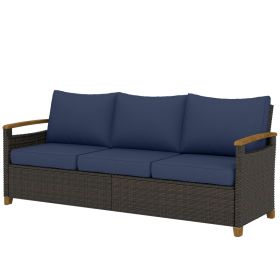 3 Seater Outdoor Couch Sofa, PE Wicker Patio Sofa, Wide Deep Seat, 4" Cushions, Wood-Effect Armrests Legs, Dark Blue (Option: Dark Blue-1190x720x290 mm)