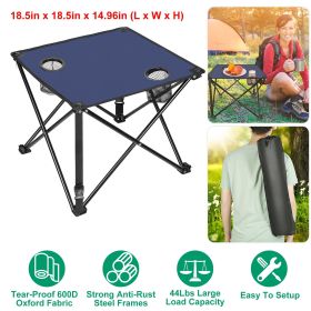 1Pc/2Pcs Options -- Foldable Camping Table Portable Picnic Table Lightweight Travel Desk with 2 Cup Holders Carrying Bag (Quantity: 1Pc, Color: Navy Blue)